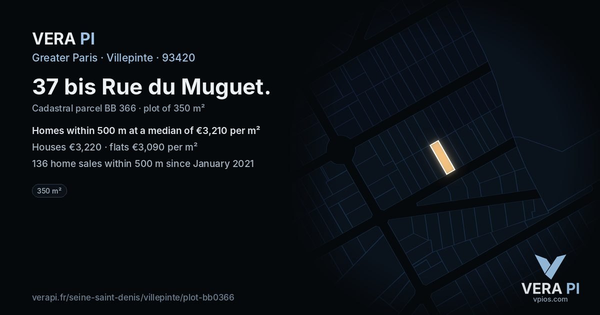 37 bis Rue du Muguet, Villepinte at night – the plot lit, the parcels around coloured by the prices near them