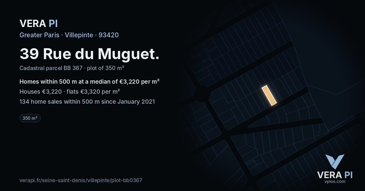 39 Rue du Muguet, Villepinte at night – the plot lit, the parcels around coloured by the prices near them