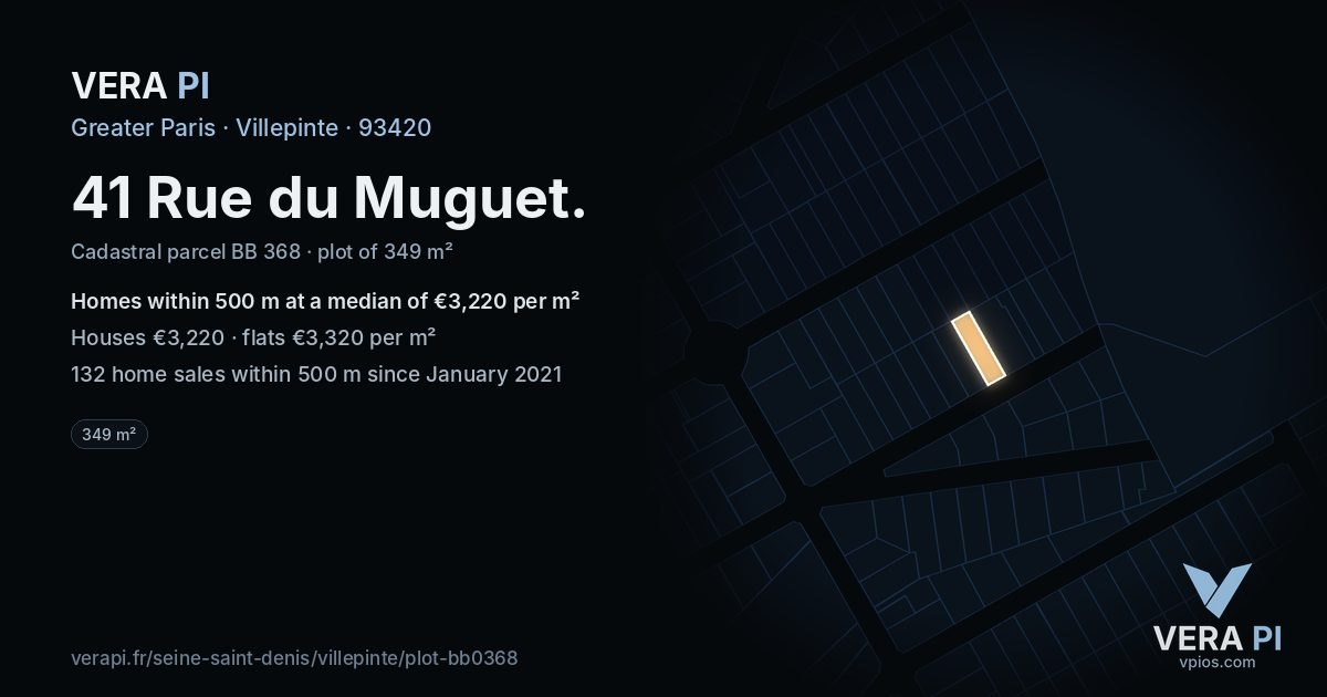 41 Rue du Muguet, Villepinte at night – the plot lit, the parcels around coloured by the prices near them