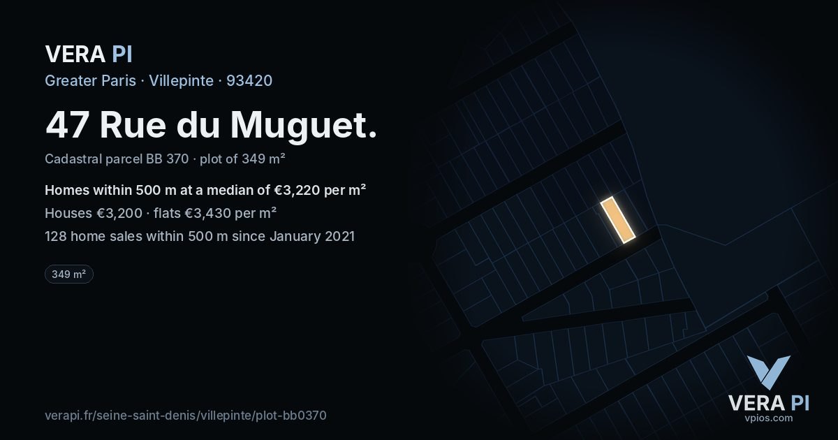 47 Rue du Muguet, Villepinte at night – the plot lit, the parcels around coloured by the prices near them
