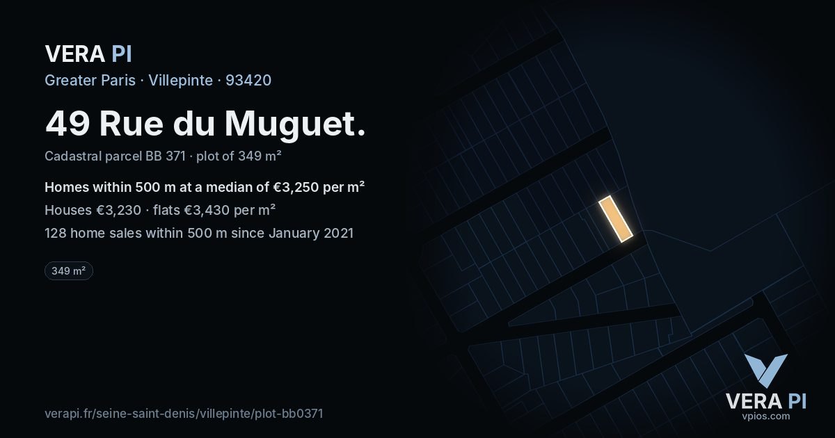 49 Rue du Muguet, Villepinte at night – the plot lit, the parcels around coloured by the prices near them