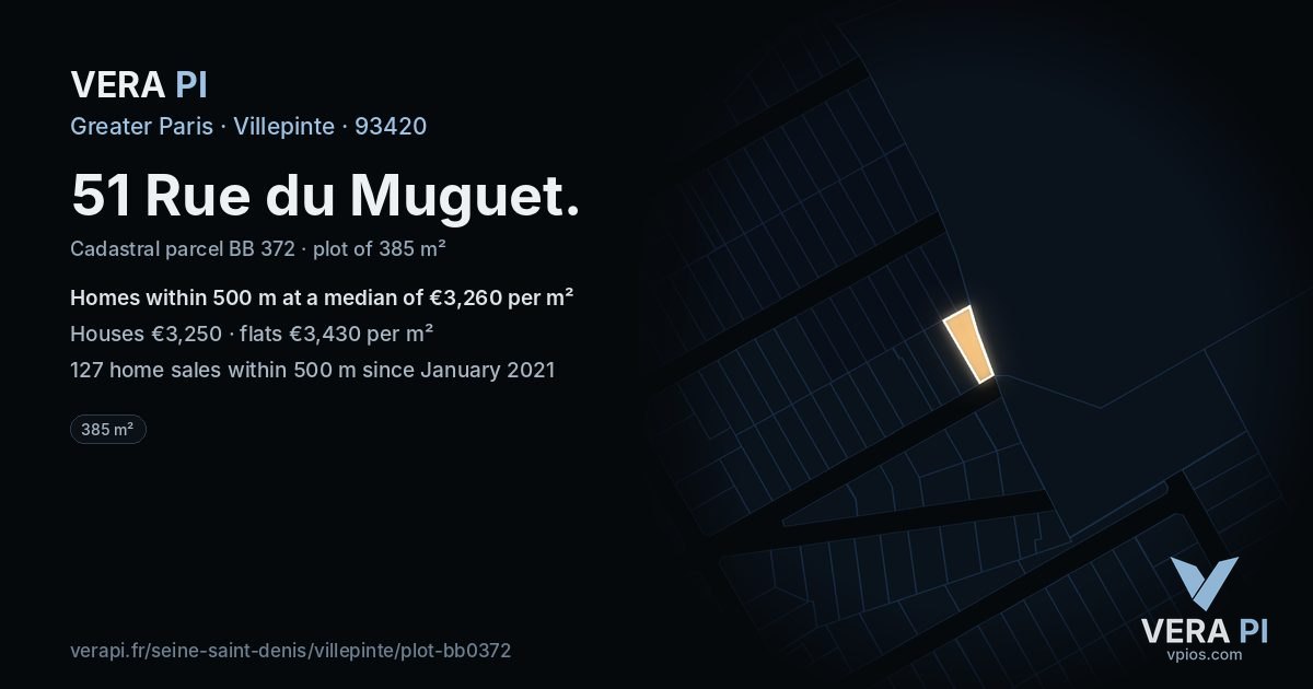 51 Rue du Muguet, Villepinte at night – the plot lit, the parcels around coloured by the prices near them