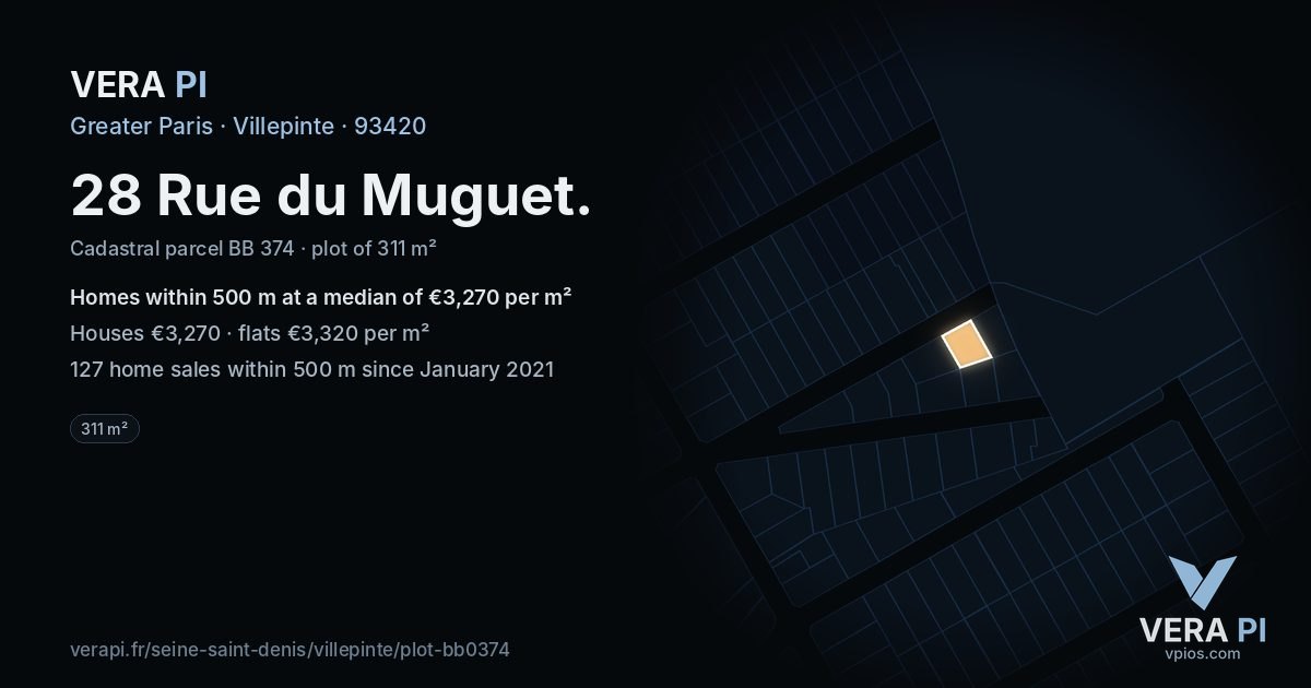 28 Rue du Muguet, Villepinte at night – the plot lit, the parcels around coloured by the prices near them