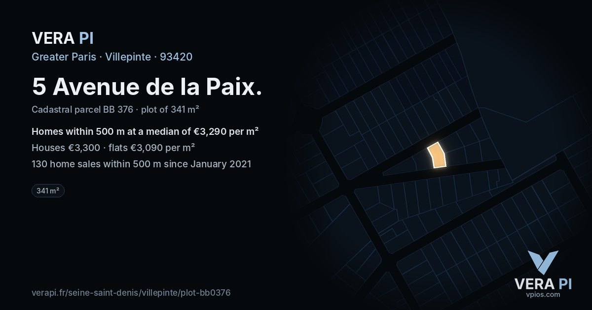 5 Avenue de la Paix, Villepinte at night – the plot lit, the parcels around coloured by the prices near them