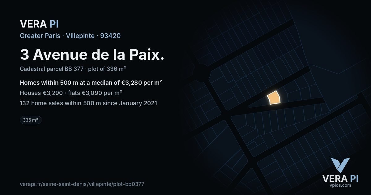 3 Avenue de la Paix, Villepinte at night – the plot lit, the parcels around coloured by the prices near them