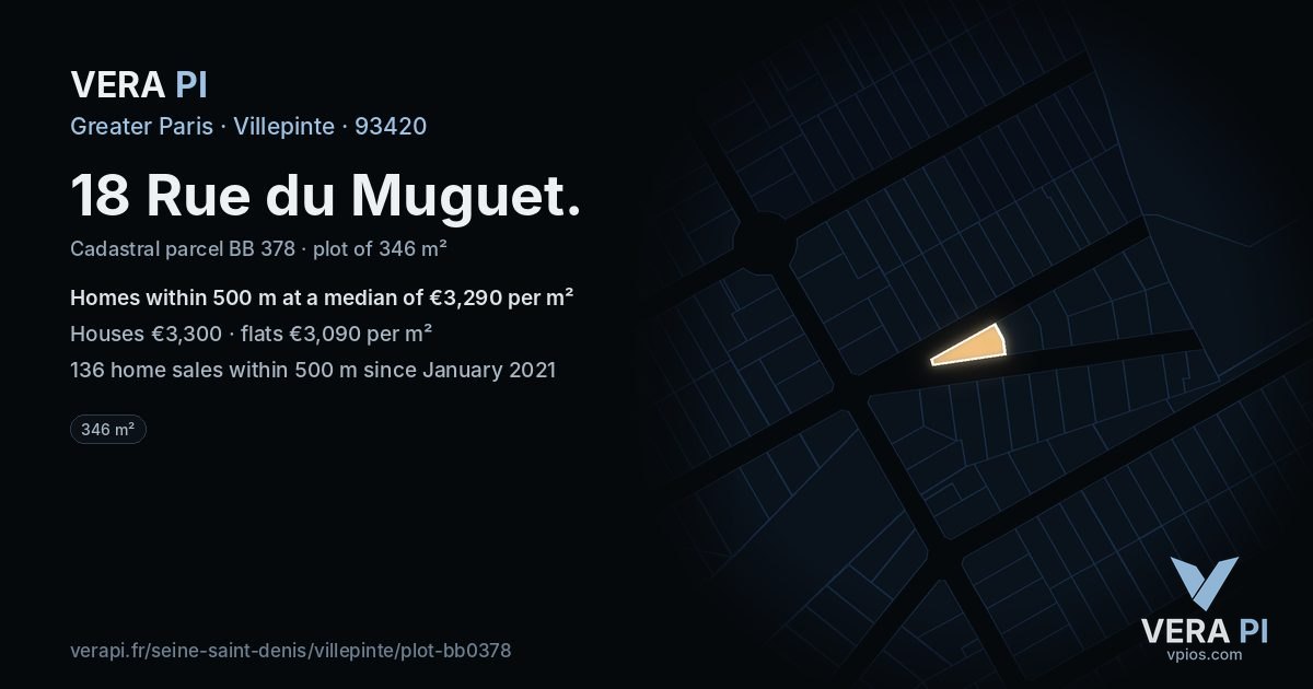 18 Rue du Muguet, Villepinte at night – the plot lit, the parcels around coloured by the prices near them