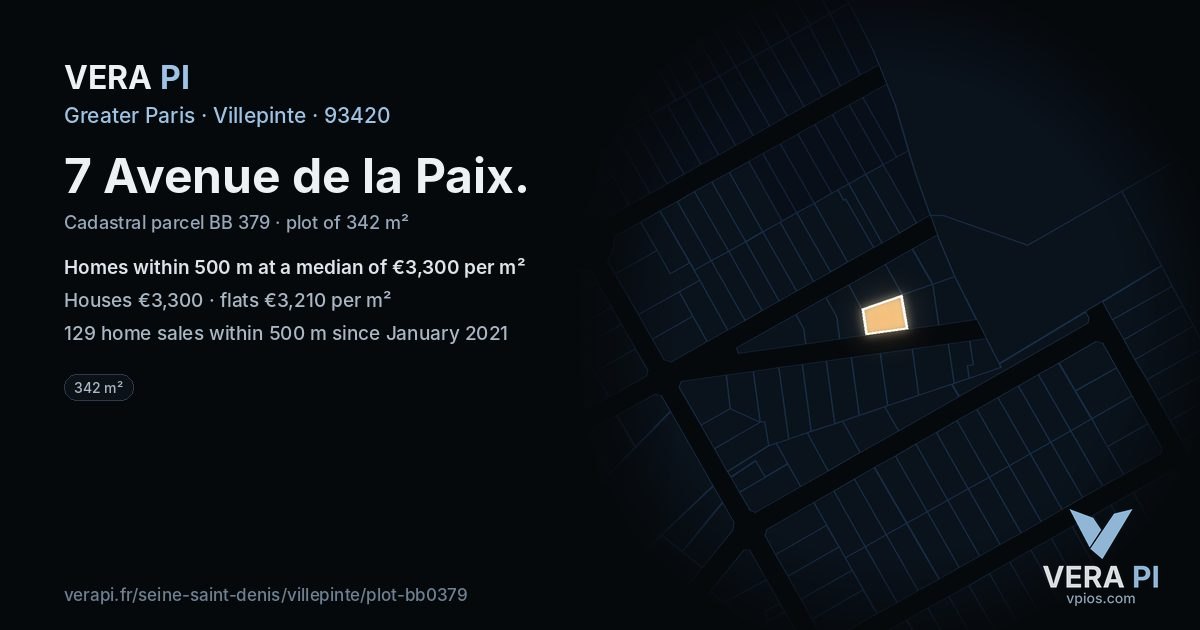 7 Avenue de la Paix, Villepinte at night – the plot lit, the parcels around coloured by the prices near them