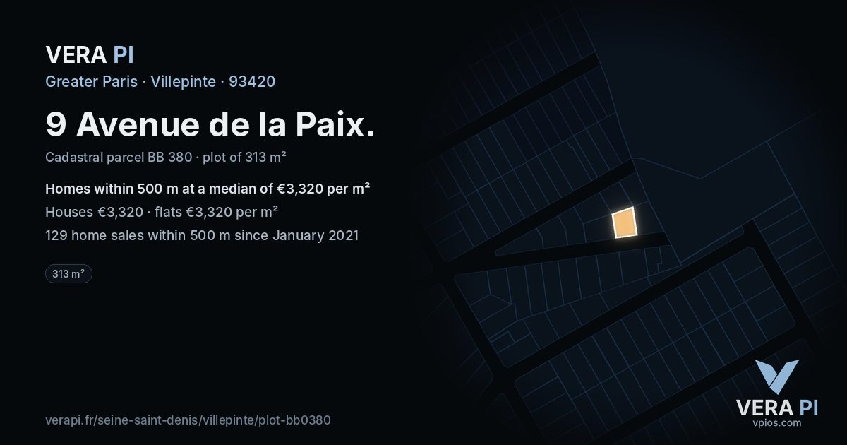 9 Avenue de la Paix, Villepinte at night – the plot lit, the parcels around coloured by the prices near them