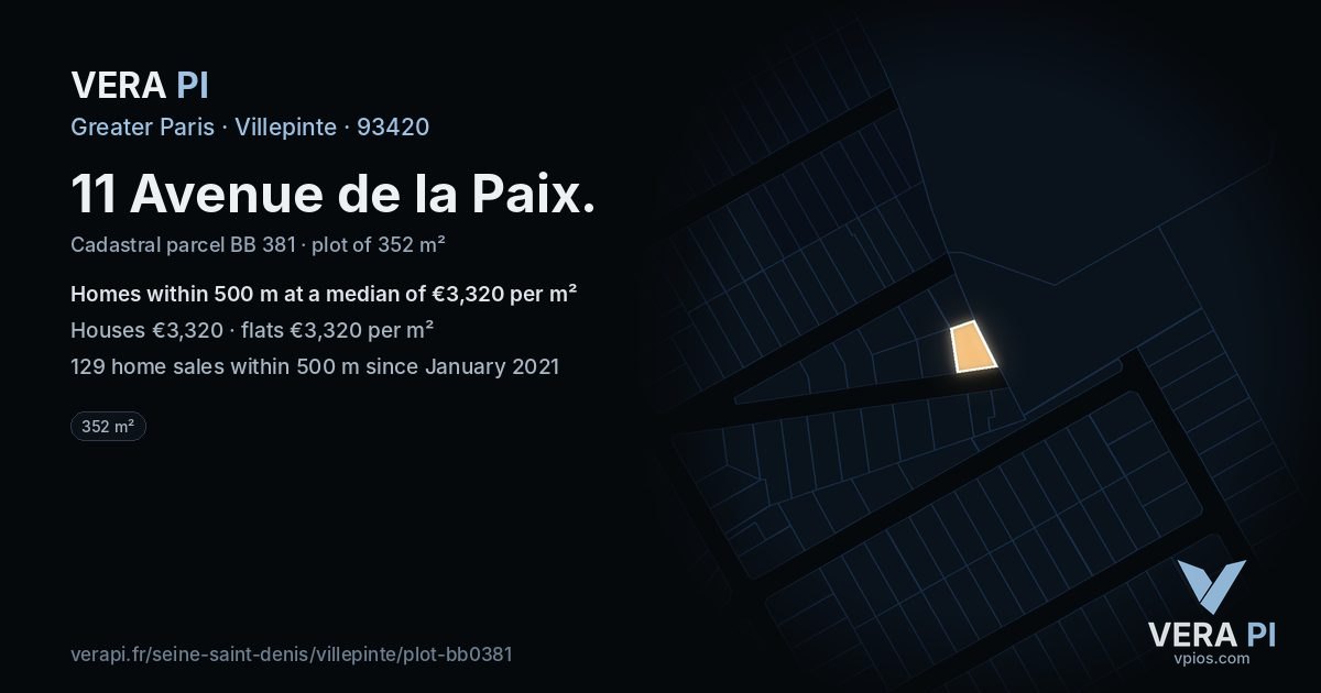 11 Avenue de la Paix, Villepinte at night – the plot lit, the parcels around coloured by the prices near them
