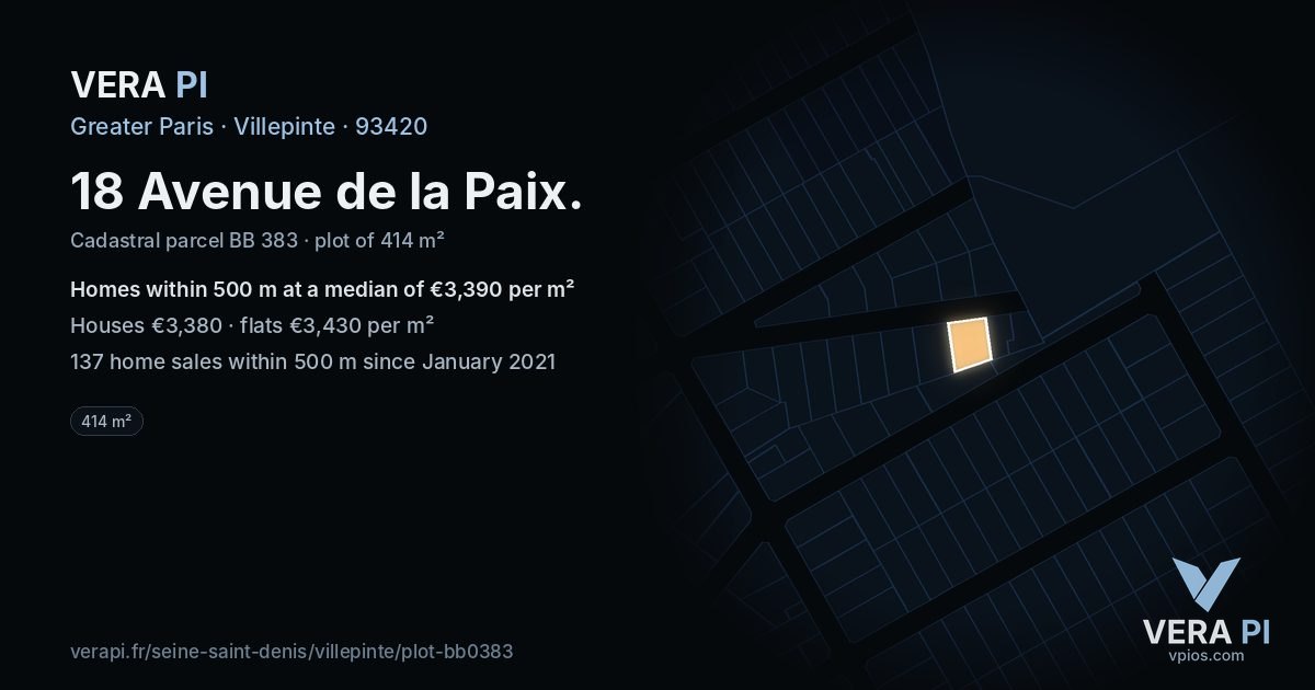 18 Avenue de la Paix, Villepinte at night – the plot lit, the parcels around coloured by the prices near them