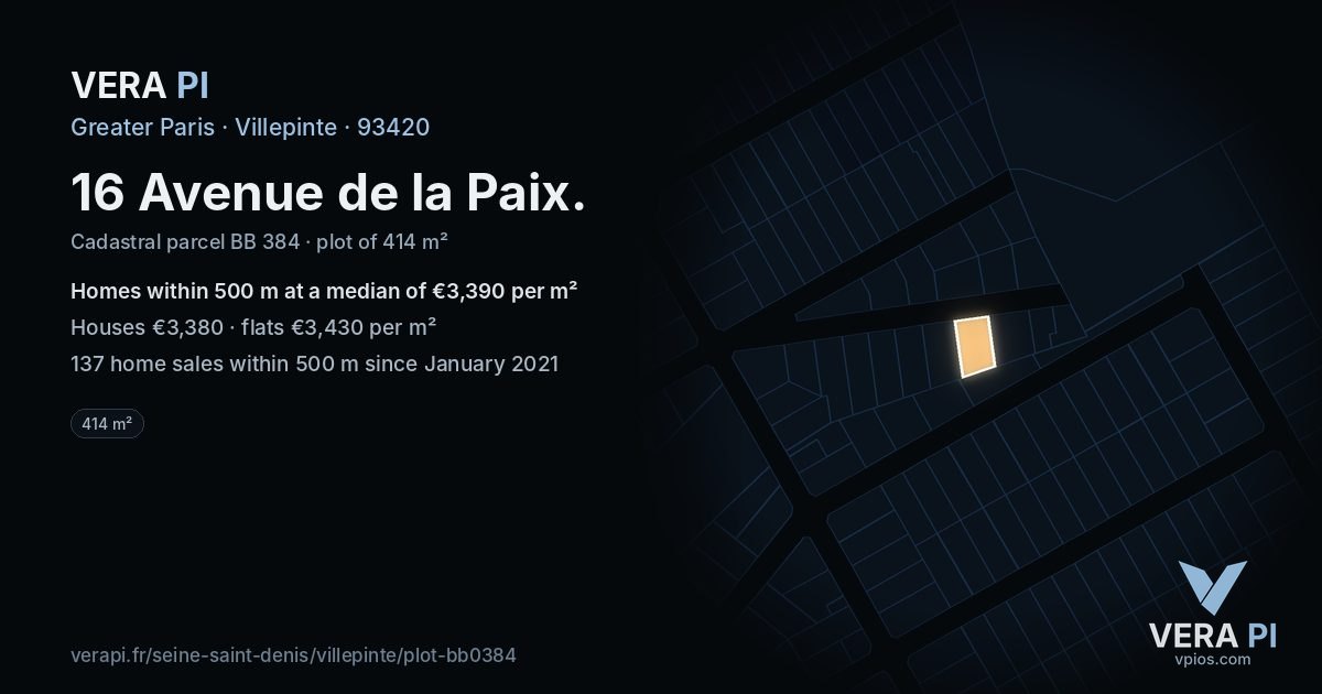 16 Avenue de la Paix, Villepinte at night – the plot lit, the parcels around coloured by the prices near them