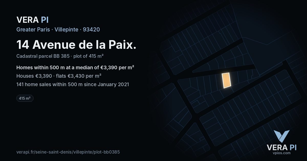 14 Avenue de la Paix, Villepinte at night – the plot lit, the parcels around coloured by the prices near them