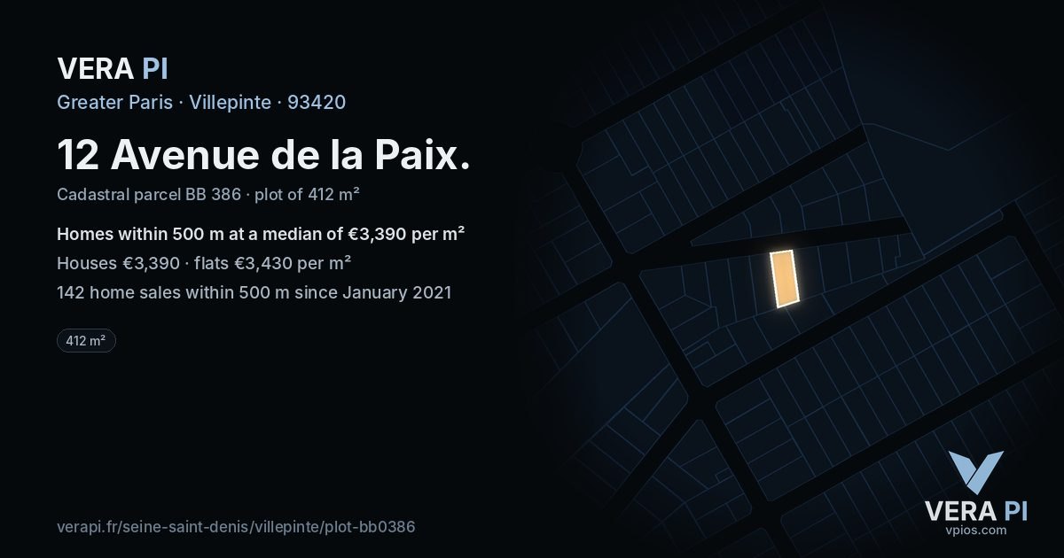 12 Avenue de la Paix, Villepinte at night – the plot lit, the parcels around coloured by the prices near them
