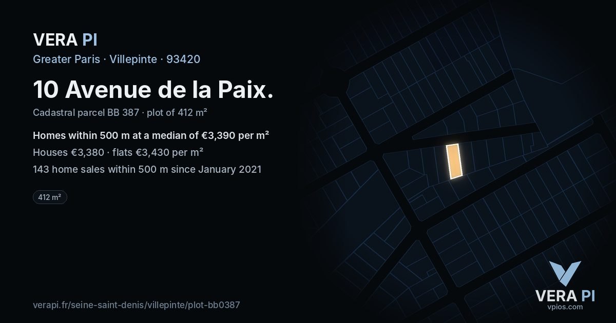 10 Avenue de la Paix, Villepinte at night – the plot lit, the parcels around coloured by the prices near them