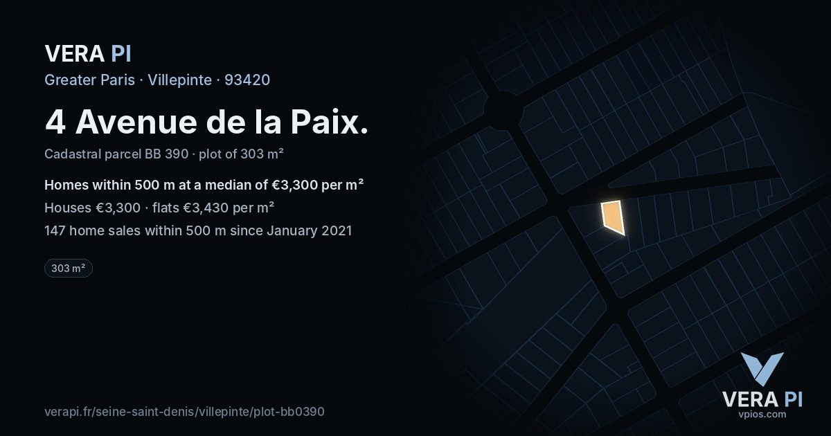 4 Avenue de la Paix, Villepinte at night – the plot lit, the parcels around coloured by the prices near them