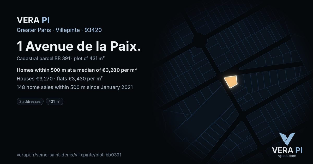 1 Avenue de la Paix, Villepinte at night – the plot lit, the parcels around coloured by the prices near them