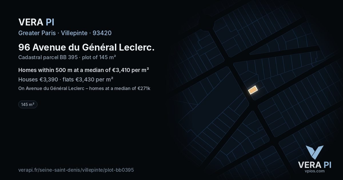 96 Avenue du Général Leclerc, Villepinte at night – the plot lit, the parcels around coloured by the prices near them