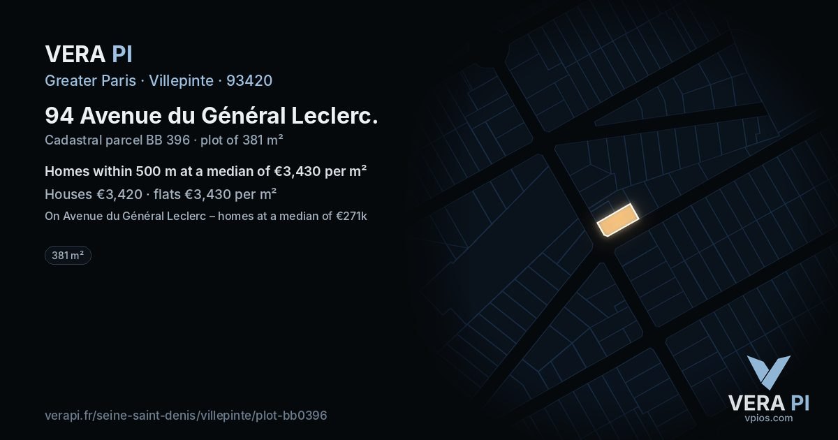 94 Avenue du Général Leclerc, Villepinte at night – the plot lit, the parcels around coloured by the prices near them