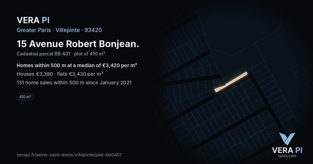 15 Avenue Robert Bonjean, Villepinte at night – the plot lit, the parcels around coloured by the prices near them