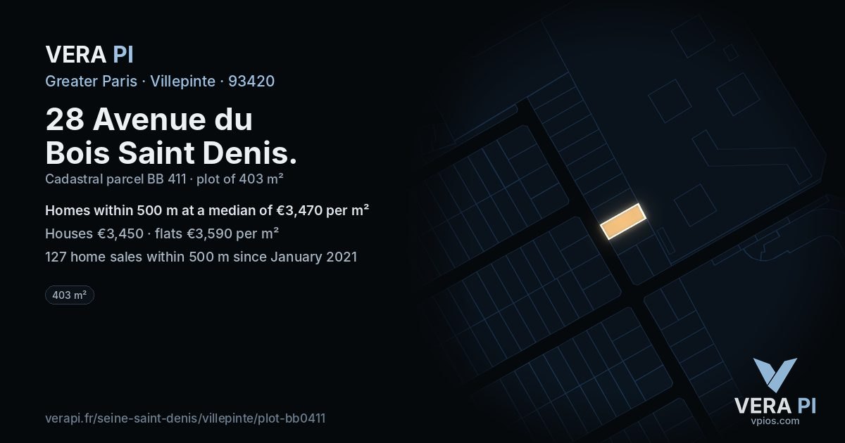 28 Avenue du Bois Saint Denis, Villepinte at night – the plot lit, the parcels around coloured by the prices near them