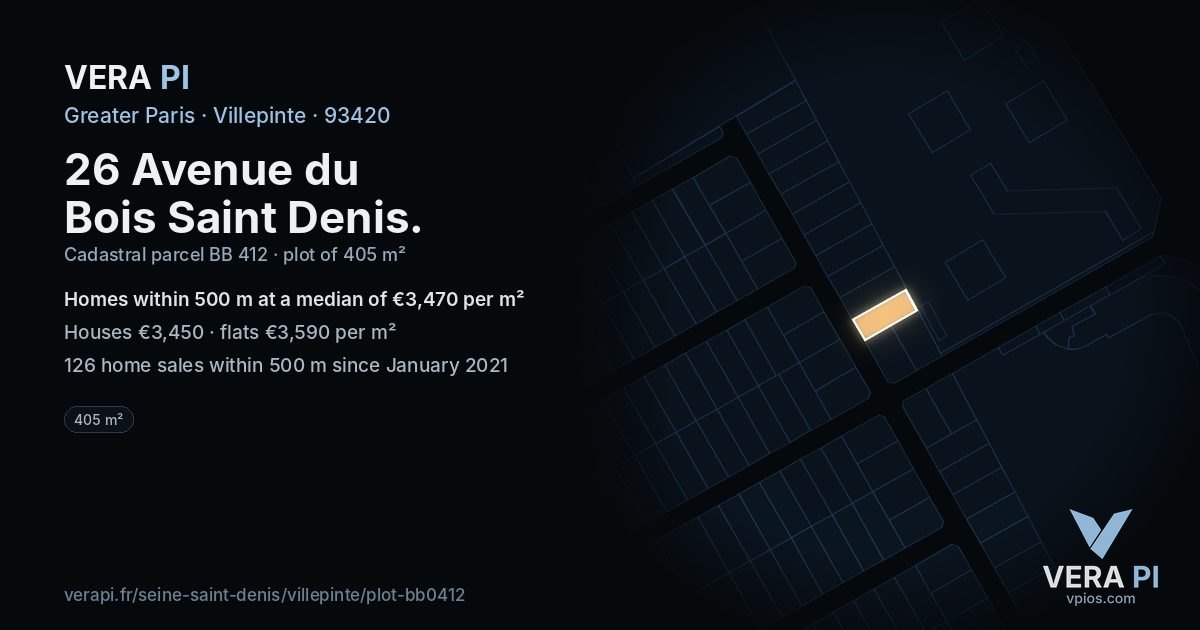 26 Avenue du Bois Saint Denis, Villepinte at night – the plot lit, the parcels around coloured by the prices near them