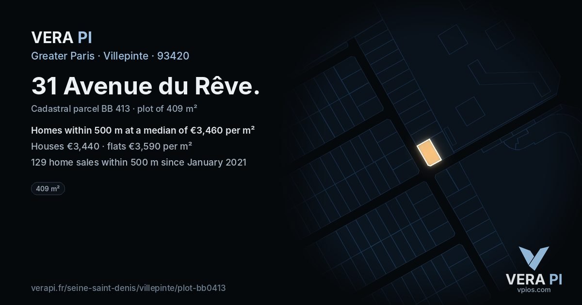 31 Avenue du Rêve, Villepinte at night – the plot lit, the parcels around coloured by the prices near them