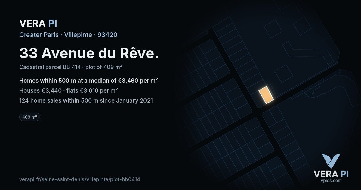 33 Avenue du Rêve, Villepinte at night – the plot lit, the parcels around coloured by the prices near them