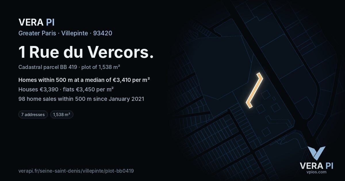 1 Rue du Vercors, Villepinte at night – the plot lit, the parcels around coloured by the prices near them