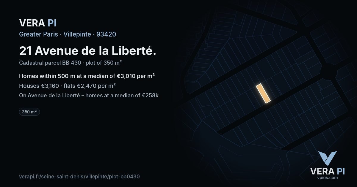 21 Avenue de la Liberté, Villepinte at night – the plot lit, the parcels around coloured by the prices near them