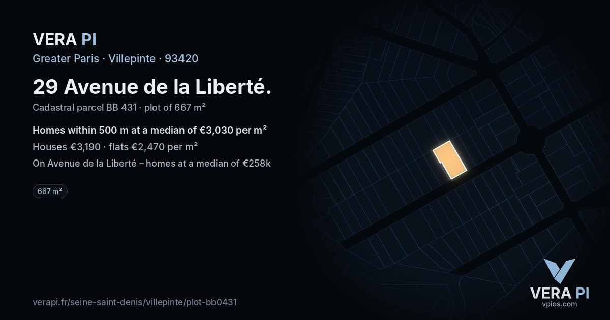 29 Avenue de la Liberté, Villepinte at night – the plot lit, the parcels around coloured by the prices near them