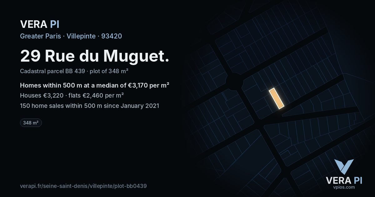 29 Rue du Muguet, Villepinte at night – the plot lit, the parcels around coloured by the prices near them