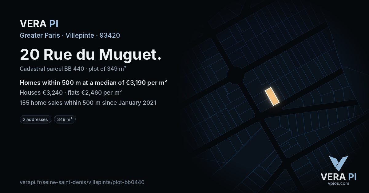 20 Rue du Muguet, Villepinte at night – the plot lit, the parcels around coloured by the prices near them