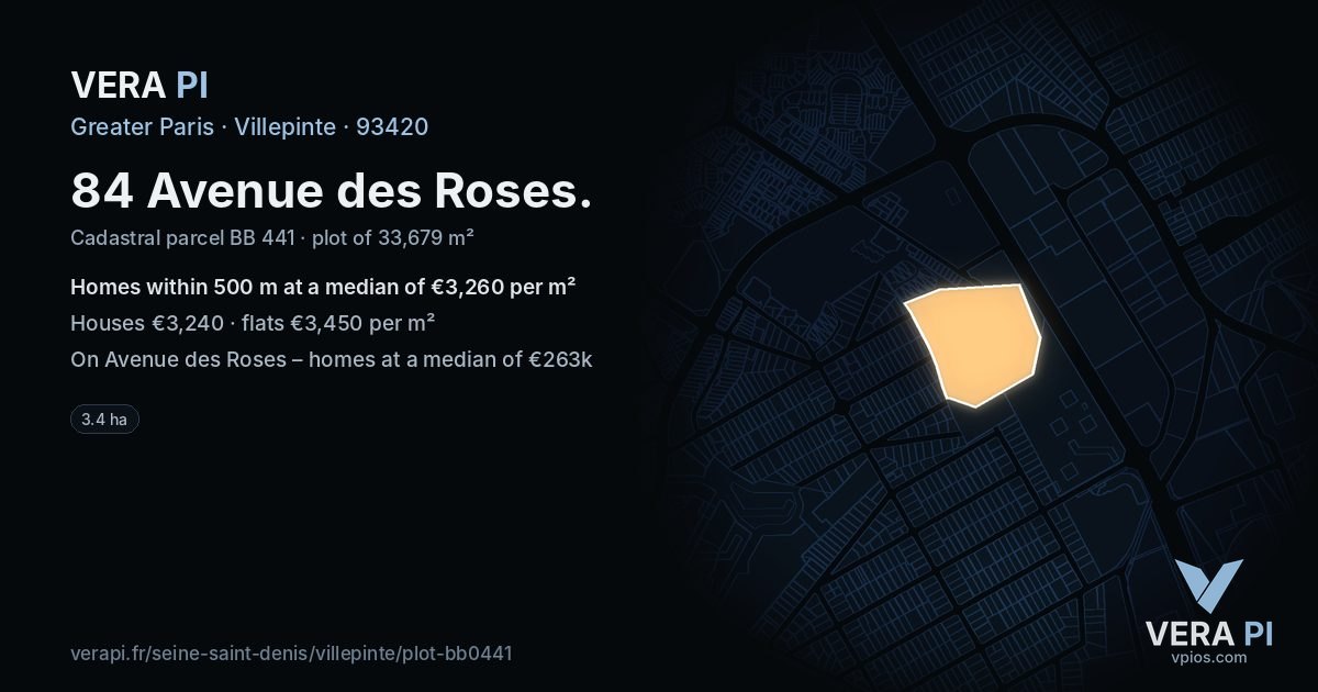 84 Avenue des Roses, Villepinte at night – the plot lit, the parcels around coloured by the prices near them