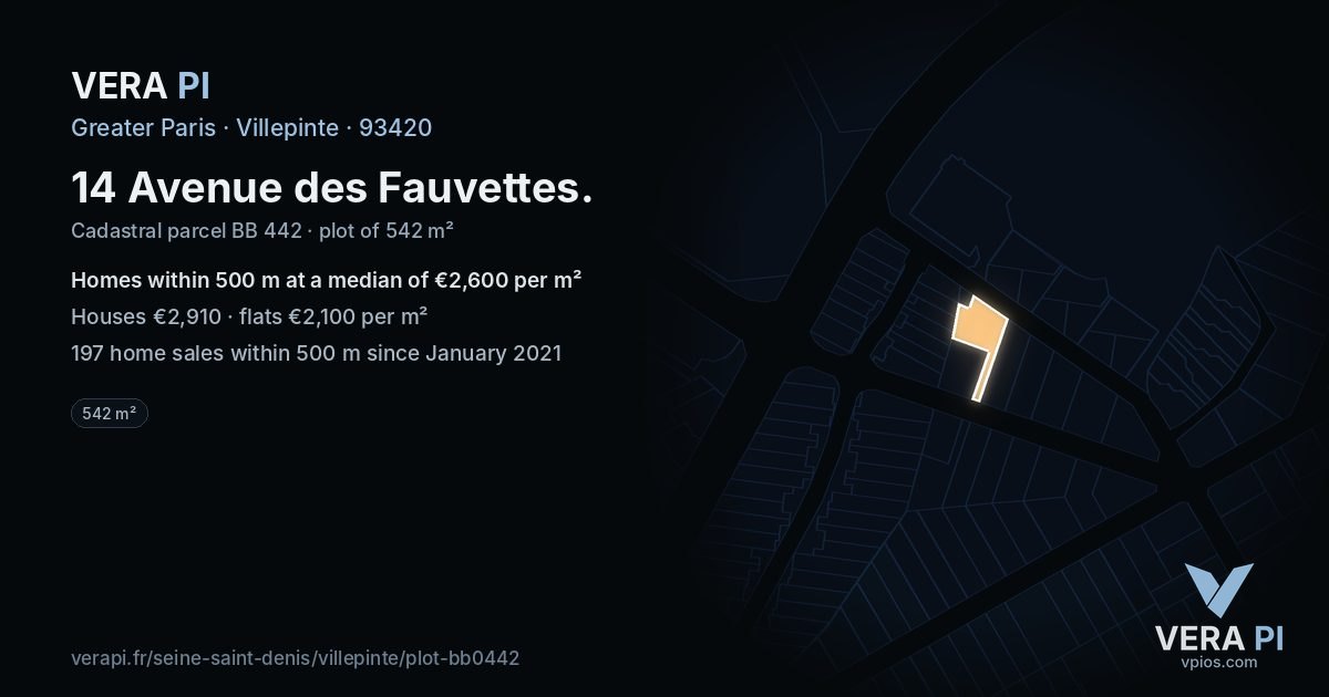 14 Avenue des Fauvettes, Villepinte at night – the plot lit, the parcels around coloured by the prices near them