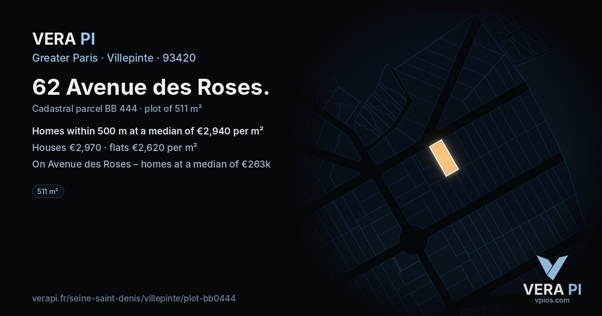 62 Avenue des Roses, Villepinte at night – the plot lit, the parcels around coloured by the prices near them