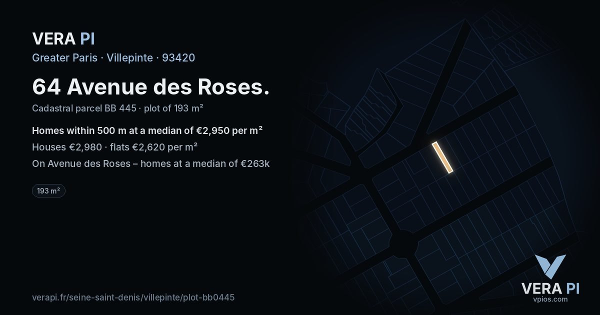 64 Avenue des Roses, Villepinte at night – the plot lit, the parcels around coloured by the prices near them