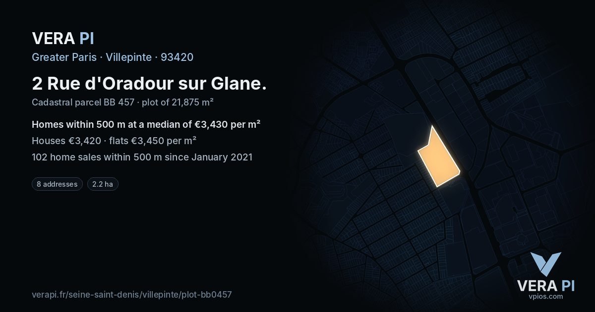 2 Rue d'Oradour sur Glane, Villepinte at night – the plot lit, the parcels around coloured by the prices near them