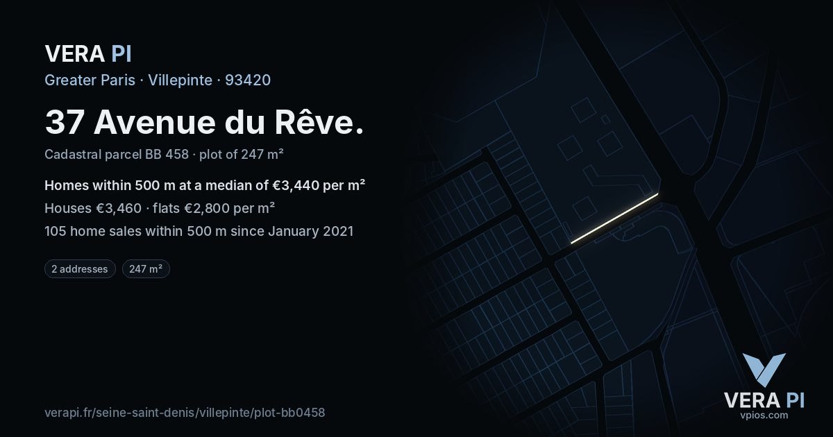 37 Avenue du Rêve, Villepinte at night – the plot lit, the parcels around coloured by the prices near them