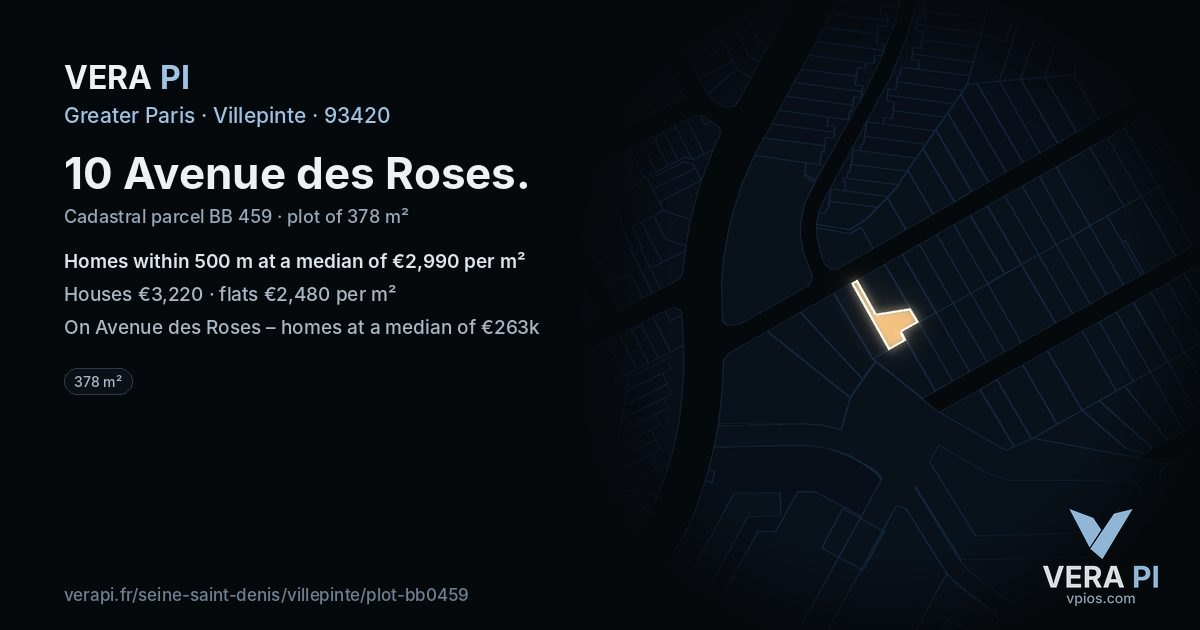 10 Avenue des Roses, Villepinte at night – the plot lit, the parcels around coloured by the prices near them