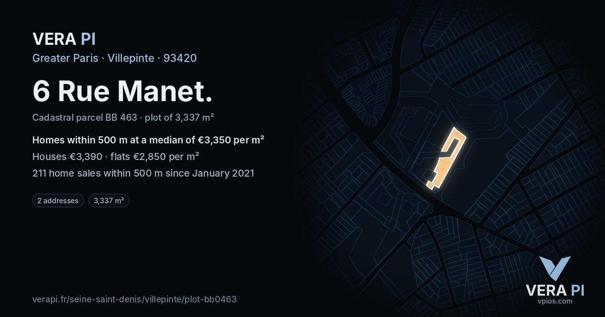 6 Rue Manet, Villepinte at night – the plot lit, the parcels around coloured by the prices near them