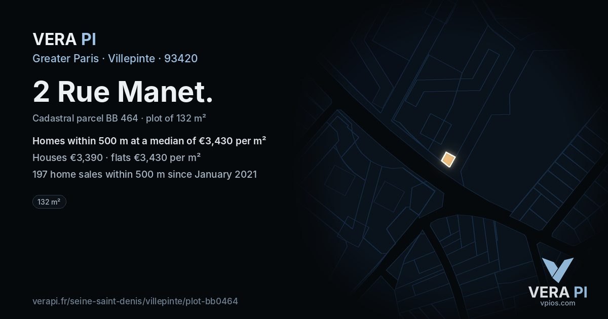 2 Rue Manet, Villepinte at night – the plot lit, the parcels around coloured by the prices near them