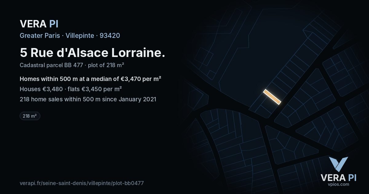 5 Rue d'Alsace Lorraine, Villepinte at night – the plot lit, the parcels around coloured by the prices near them