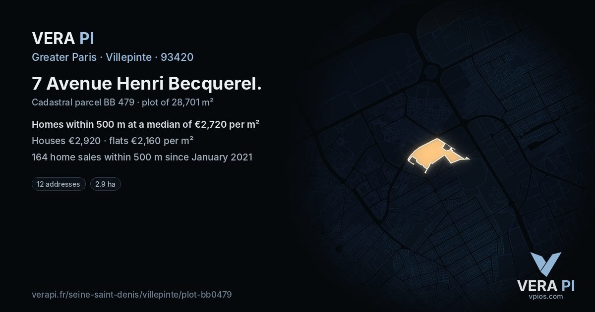 7 Avenue Henri Becquerel, Villepinte at night – the plot lit, the parcels around coloured by the prices near them