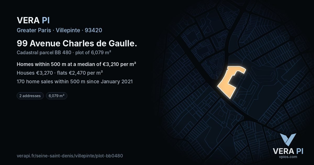 99 Avenue Charles de Gaulle, Villepinte at night – the plot lit, the parcels around coloured by the prices near them