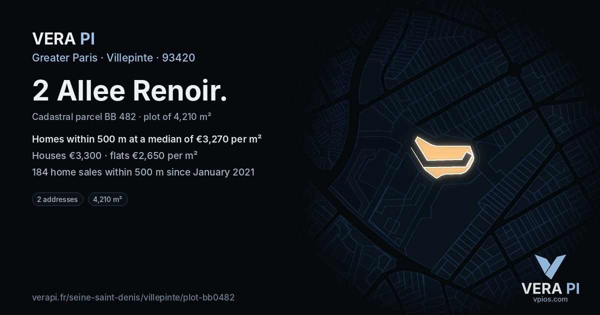2 Allee Renoir, Villepinte at night – the plot lit, the parcels around coloured by the prices near them