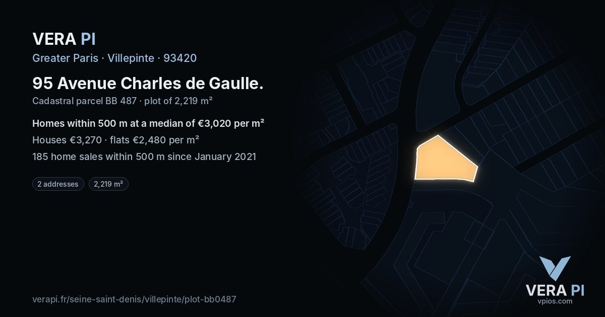 95 Avenue Charles de Gaulle, Villepinte at night – the plot lit, the parcels around coloured by the prices near them