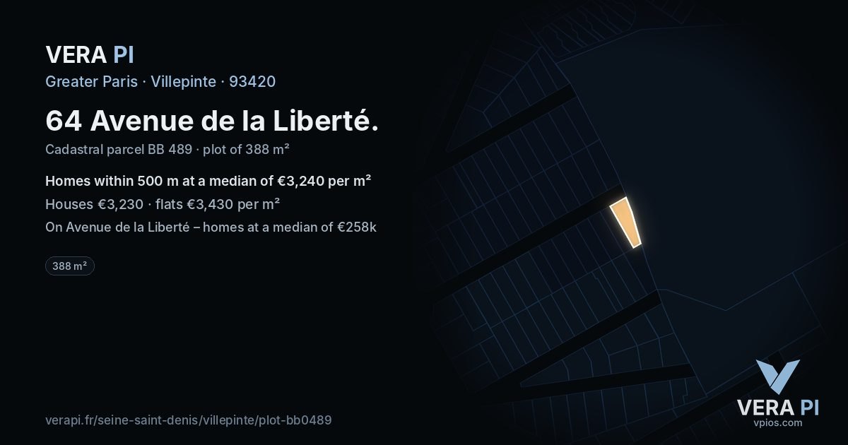 64 Avenue de la Liberté, Villepinte at night – the plot lit, the parcels around coloured by the prices near them
