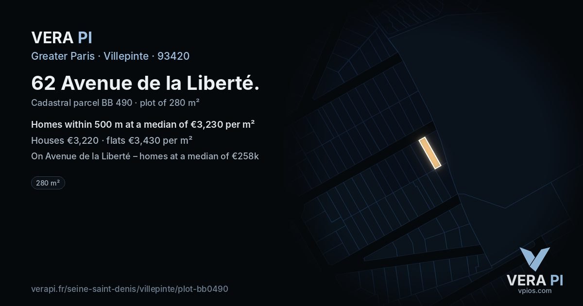 62 Avenue de la Liberté, Villepinte at night – the plot lit, the parcels around coloured by the prices near them