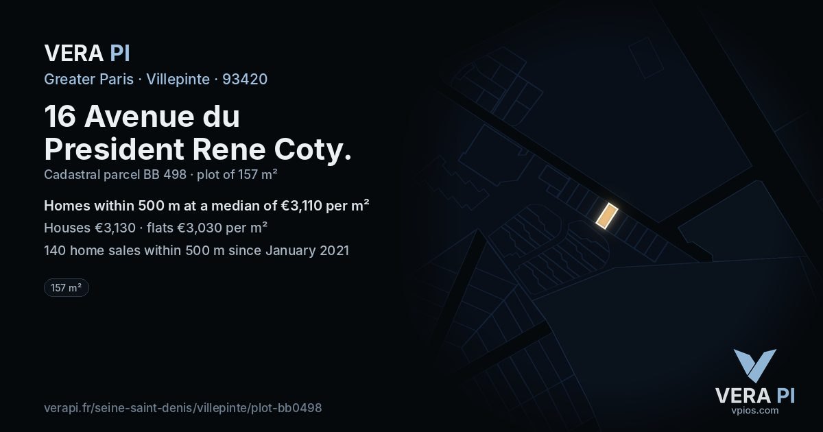 16 Avenue du President Rene Coty, Villepinte at night – the plot lit, the parcels around coloured by the prices near them