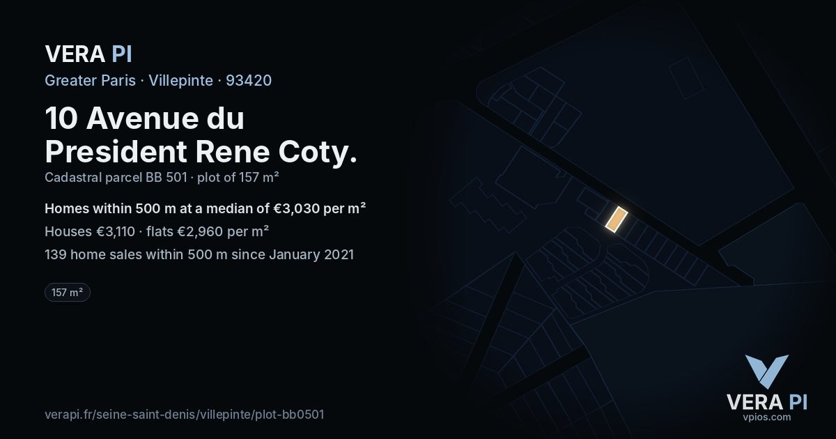 10 Avenue du President Rene Coty, Villepinte at night – the plot lit, the parcels around coloured by the prices near them